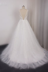 Elegant V-Neck Sleeveless Straps Lace Wedding Dress White Tulle Appliques Beadings Bridal Gowns On Sale-27dress